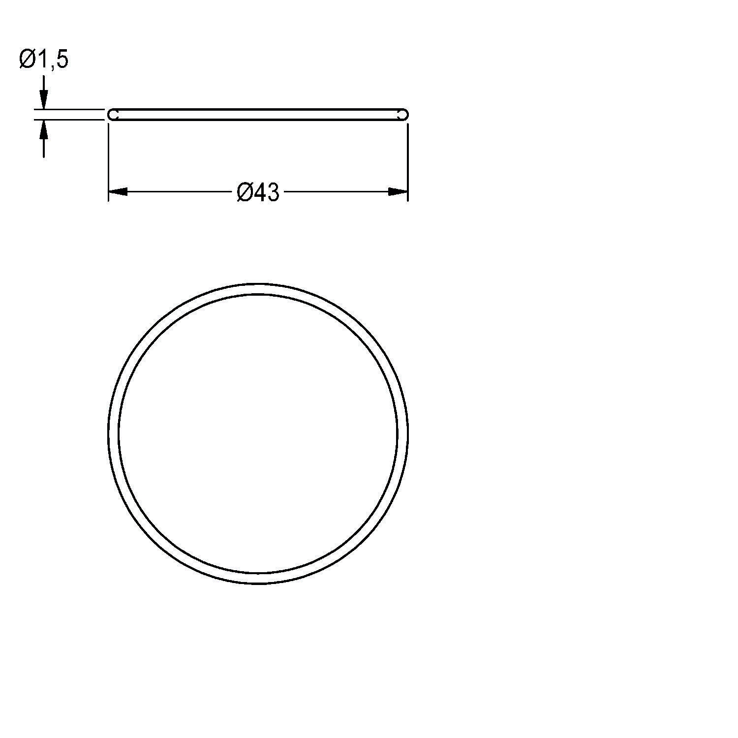 Eine technische Zeichnung eines Rings mit einem Durchmesser von 43 Einheiten und einer Dicke von 1,5 Einheiten, von oben und von der Seite betrachtet.