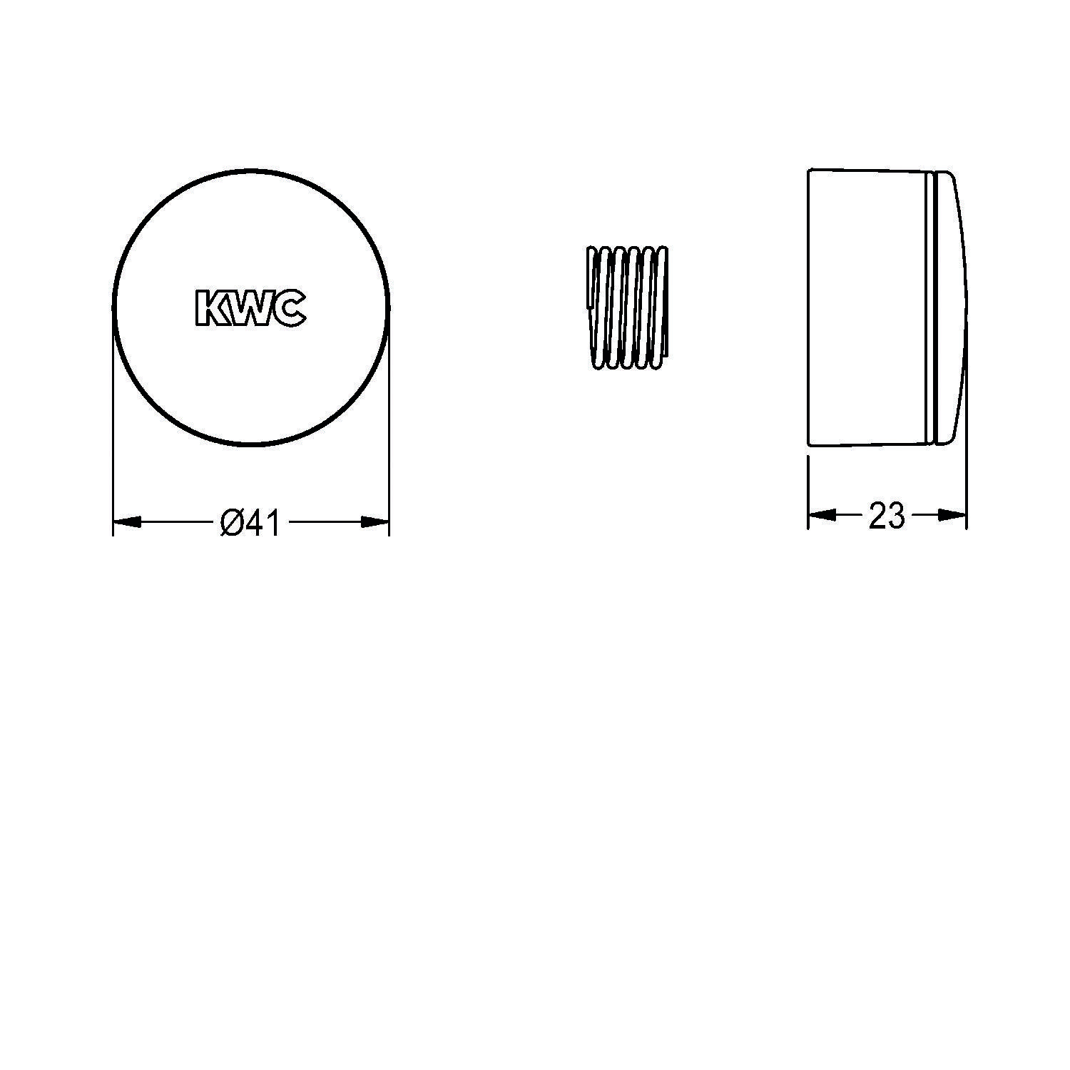 KWC' Kreisteil-Diagramm, Durchmesser 41 mm, Seitenansicht zeigt eine Tiefe von 23 mm, gewindete Konstruktion im mittleren Abschnitt.