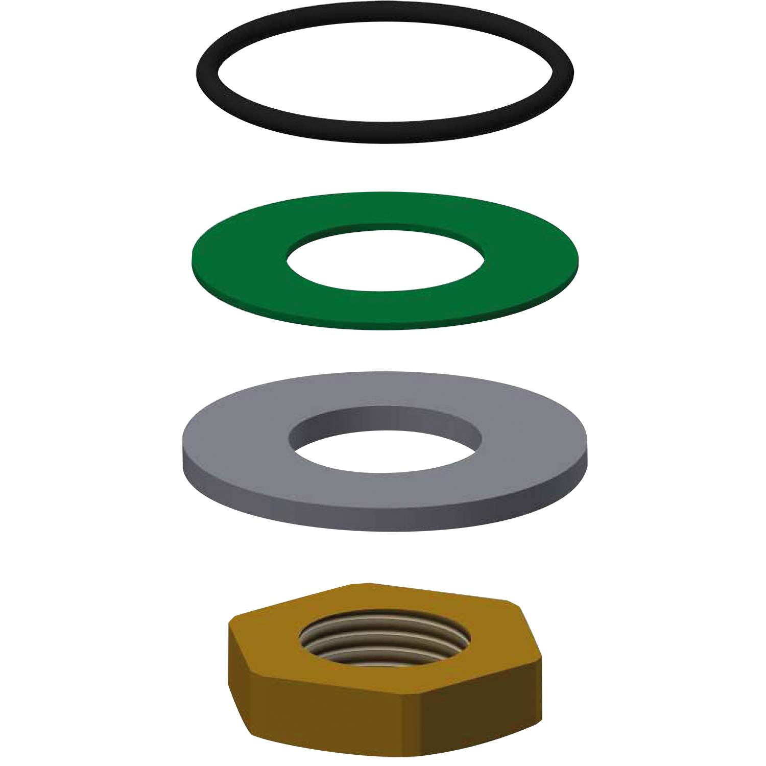 Darstellung von oben nach unten: ein schwarzer O-Ring, eine grüne Unterlegscheibe, eine graue Flachscheibe und eine Messingzugschraube mit Sechskantmutter.