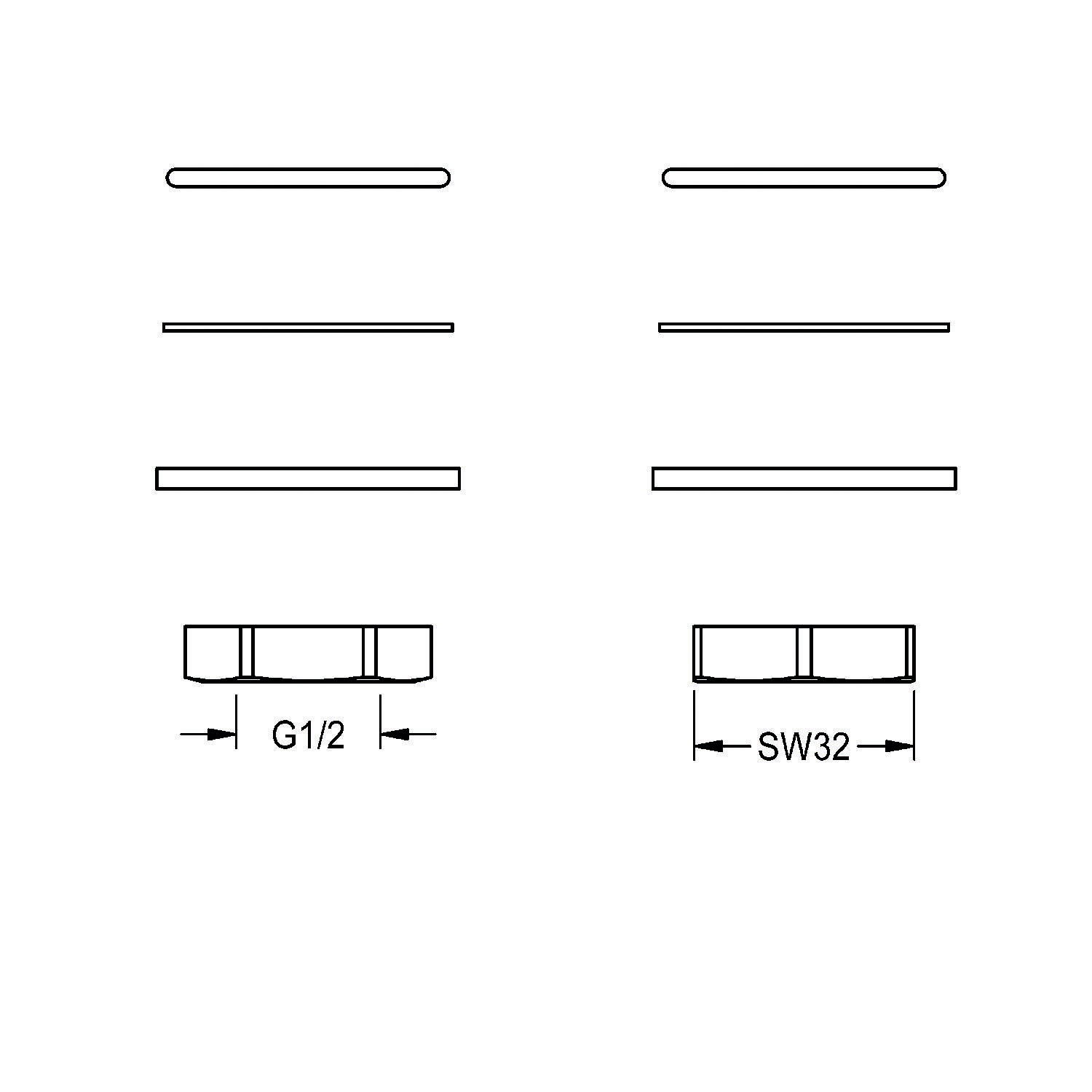 Diagramm mit zwei Sätzen paralleler Linien und Messangaben darunter: 'G1/2' links, 'SW32' rechts, die Größenspezifikationen anzeigen.
