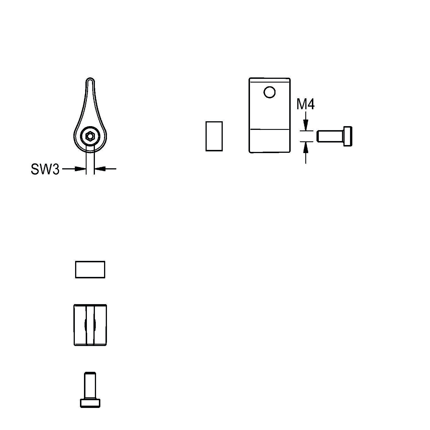 SW3' Schalter-Diagramm mit Ansichten von oben, der Seite und unten, wobei M4 als Maßangabe gekennzeichnet ist.