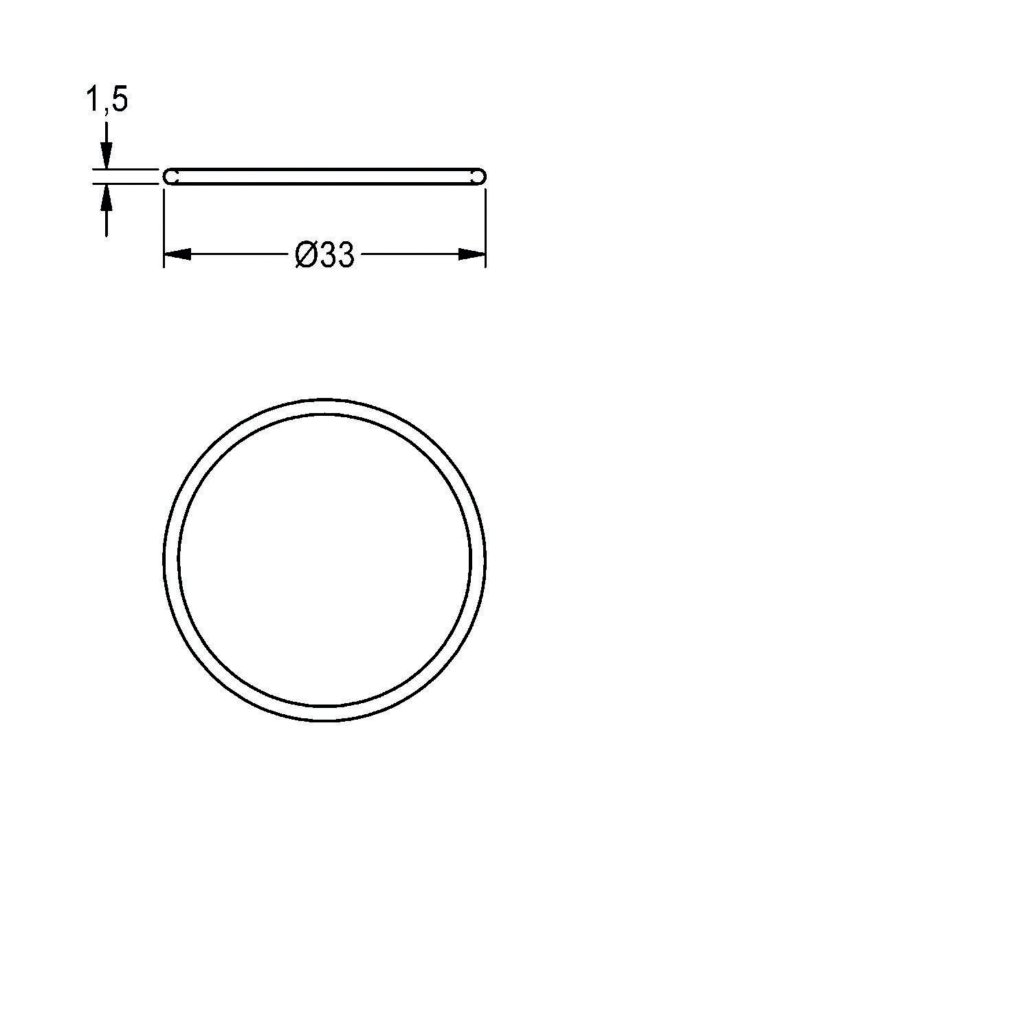 Technische Zeichnung eines Rings mit Maßen: Durchmesser 33 mm und Stärke 1,5 mm.