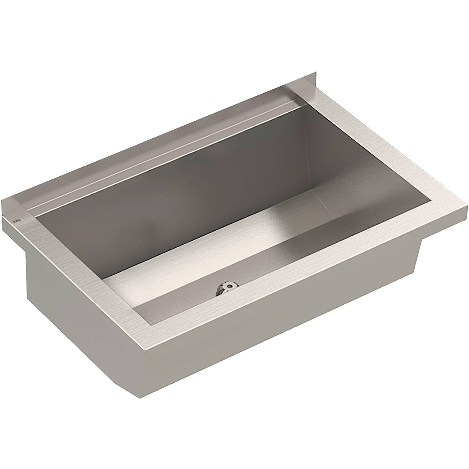 Das Waschbecken ist ein rechteckiges Metallbecken mit glatten, glänzenden Oberflächen und einem zentralen Ablauf, das vor einem schlichten schwarzen Hintergrund platziert ist.