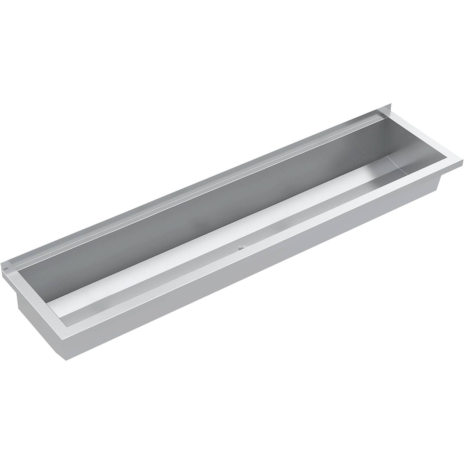 Ein rechteckiges Metalltablett mit erhöhten Kanten, das zum Aufnehmen oder Organisieren von Gegenständen verwendet wird. Es verfügt über ein elegantes Design und eine reflektierende Oberfläche.