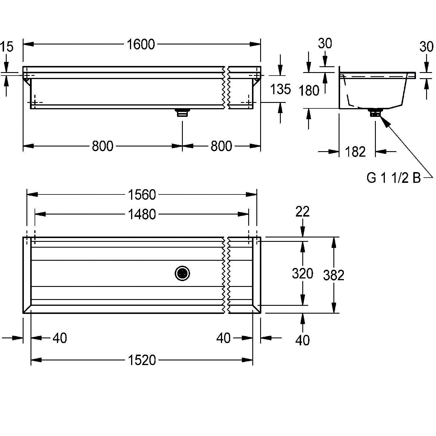 Technische Zeichnung eines rechteckigen Waschbeckens. Abmessungen: 1600 mm Länge, 1560 mm Beckenlänge, 320 mm Tiefe, 182 mm Höhe, 30 mm Flansch.