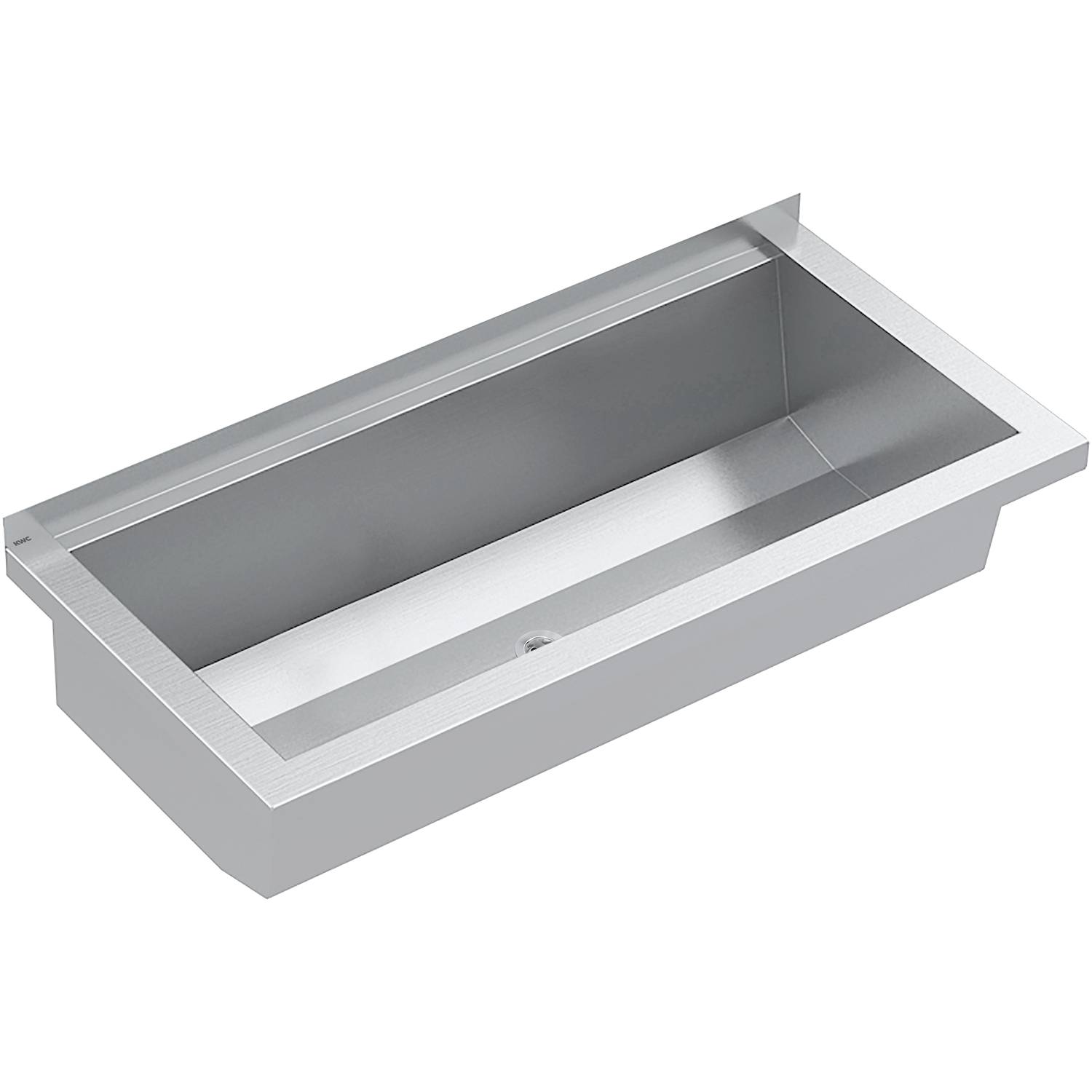 Rechteckiges Metall-Wandwaschbecken mit modernem Design, ausgestattet mit einer flachen Basis und glatten Kanten, vor einem schwarzen Hintergrund.