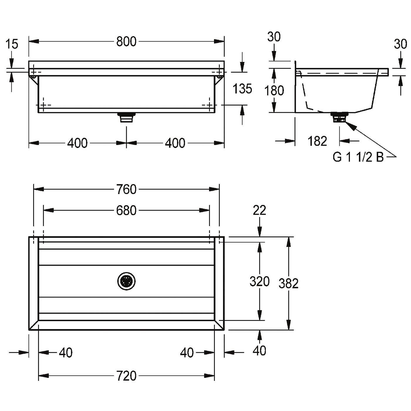 KWC Waschrinne, PLANOX, Edelstahl, Wandmonatge, 800x210x382 mm, O. Arm-bank