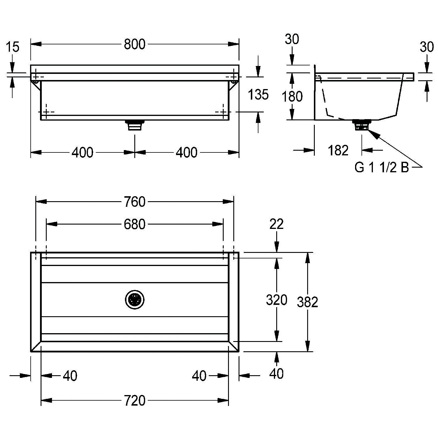 Eine technische Zeichnung eines rechteckigen Waschbeckens mit Abmessungen. Draufsicht zeigt 800 mm Breite, 400 mm Tiefe. Seitenansicht zeigt 180 mm Höhe.