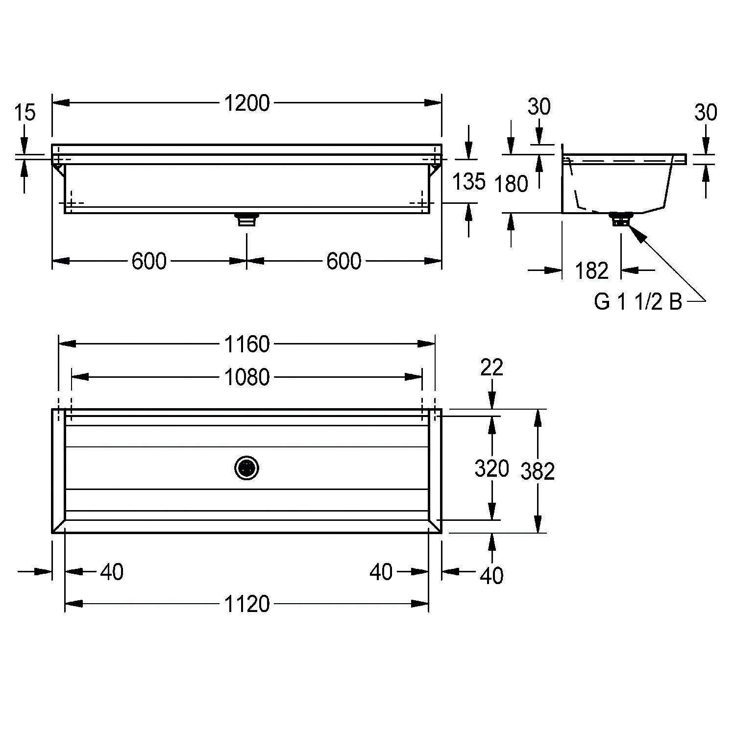 Technische Zeichnung eines rechteckigen Waschbeckens, 1200 mm breit, mit Installationsmaßen in Drauf- und Seitenansicht.