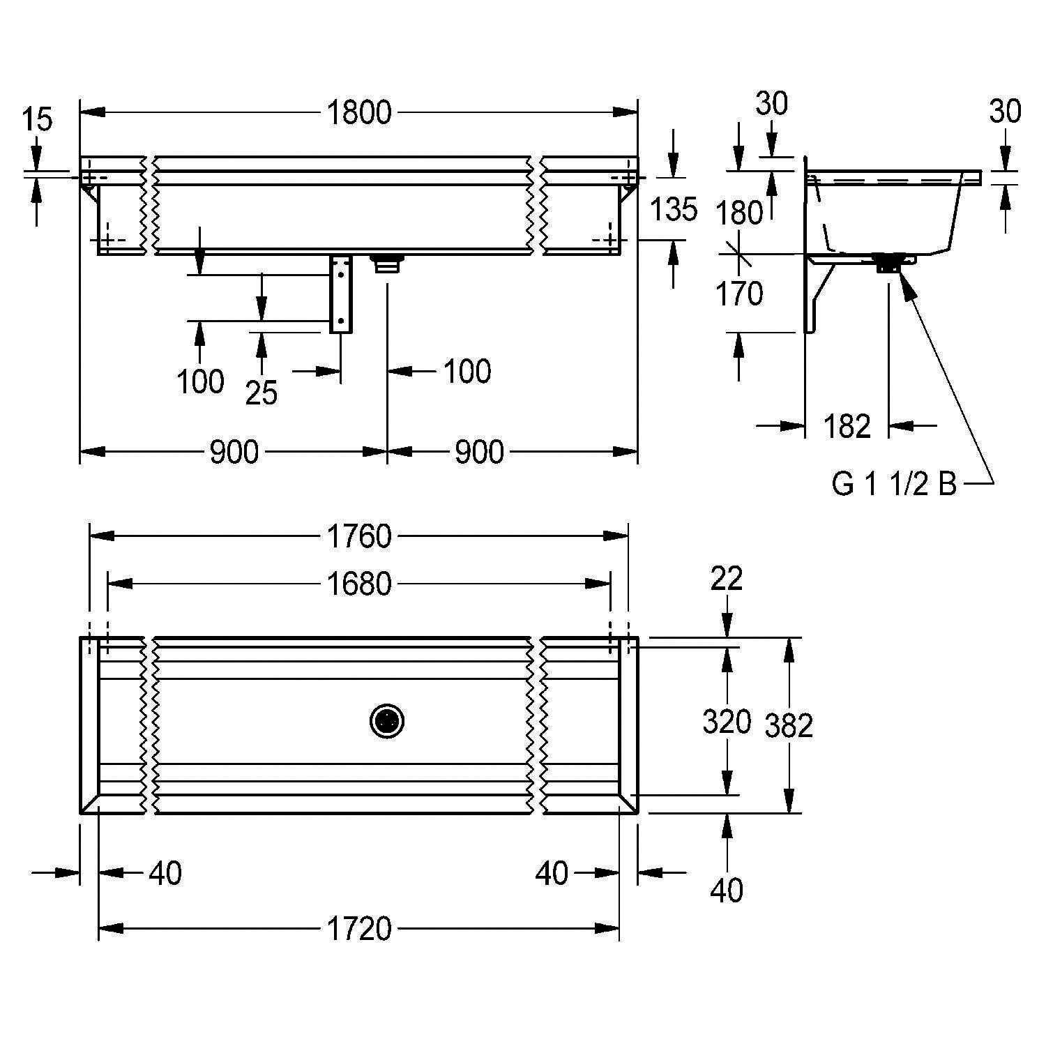 Technische Zeichnung eines rechteckigen Waschbeckens mit Maßangaben in Millimetern. Die Breite des Waschbeckens beträgt 1800 mm, die Höhe 135 mm und die Tiefe 170 mm.