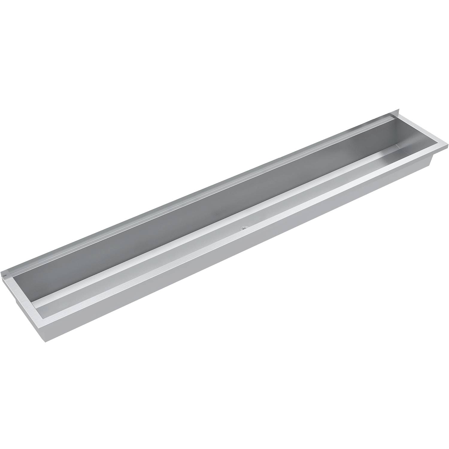 Ein langer, schmaler, rechteckiger Metalltablett mit erhöhten Kanten, von oben gegen einen schwarzen Hintergrund gesehen.