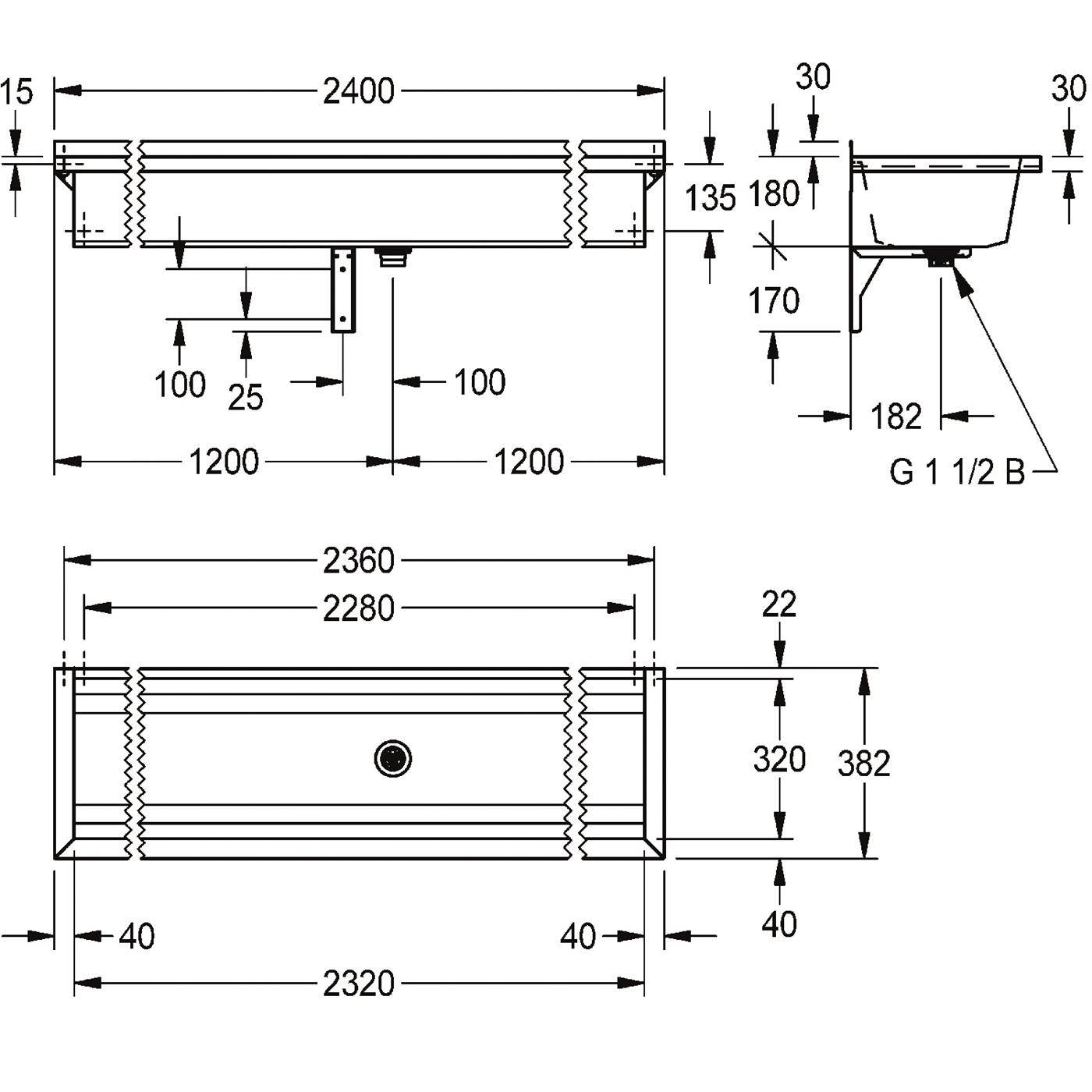KWC Waschrinne, PLANOX, Edelstahl, W.-mont, 2400x210x382 mm, O. Arm-bank