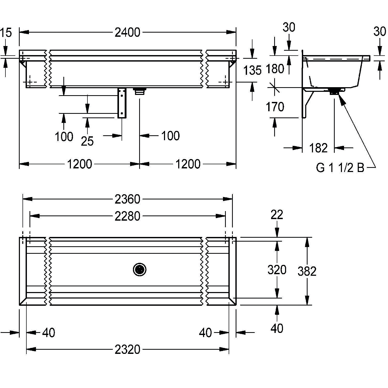 Technische Zeichnung eines Waschbeckens mit Maßen: Breite 2400 mm, Tiefe 500 mm und Höhe 170 mm. Ablaufposition detailliert dargestellt.