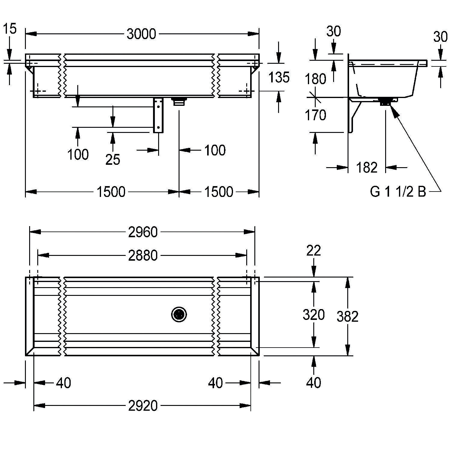 Technische Zeichnung eines Waschbeckens mit Abmessungen: Länge 3000 mm, Breite 500 mm und Höhe 382 mm. Enthält Details zu Armaturen und Rohranschlüssen.