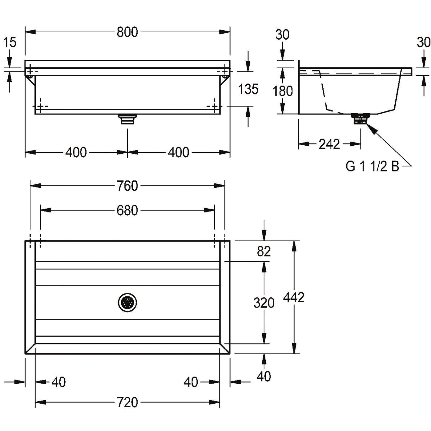 KWC Waschrinne, PLANOX, Edelstahl, W.-mont, 800x210x442 mm, m. Arm-bank