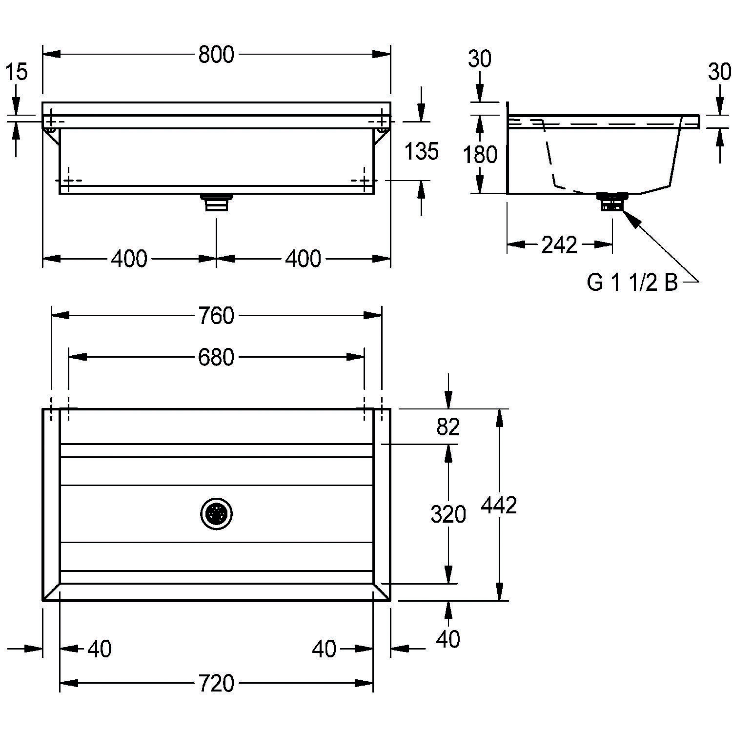 Diagramm mit Abmessungen für ein rechteckiges Waschbecken. Draufsicht Breite: 800 mm, Beckenbreite: 680 mm. Seitenansicht Höhe: 442 mm, Tiefe: 242 mm.
