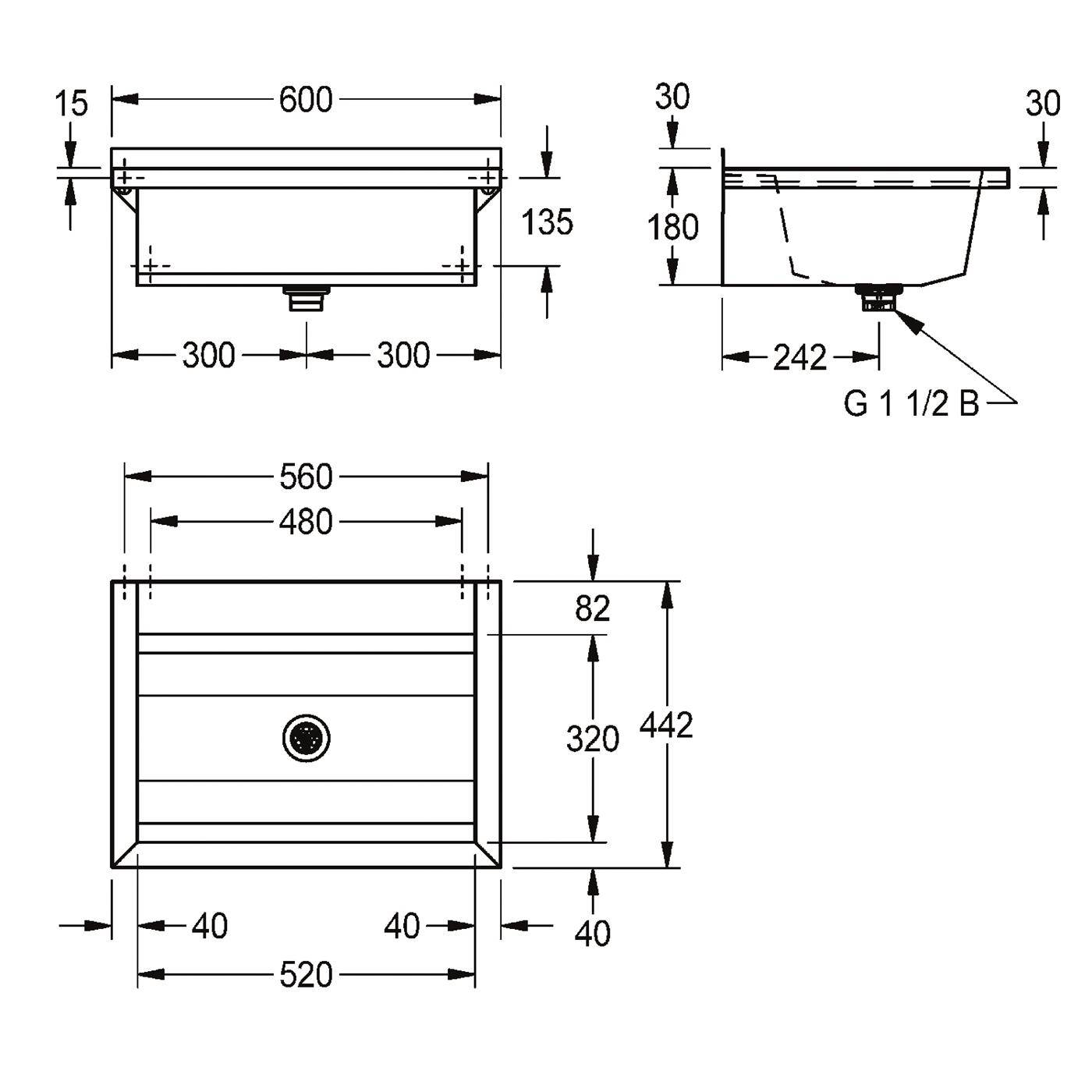 KWC Waschrinne, PLANOX, Edelstahl, W.-mont, 600x210x442 mm, m. Arm-bank
