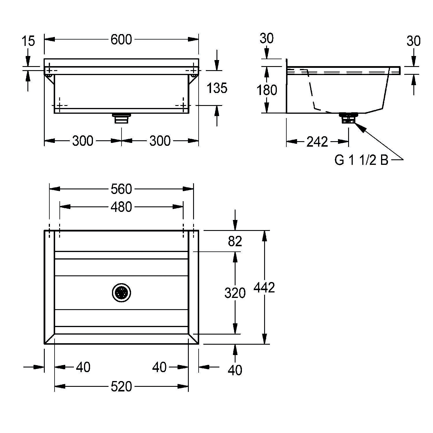 Technische Zeichnung eines rechteckigen Waschbeckens mit Abmessungen: Breite 600 mm, Tiefe 480 mm und Höhe 135 mm. Ablauf zentriert bei 300 mm.