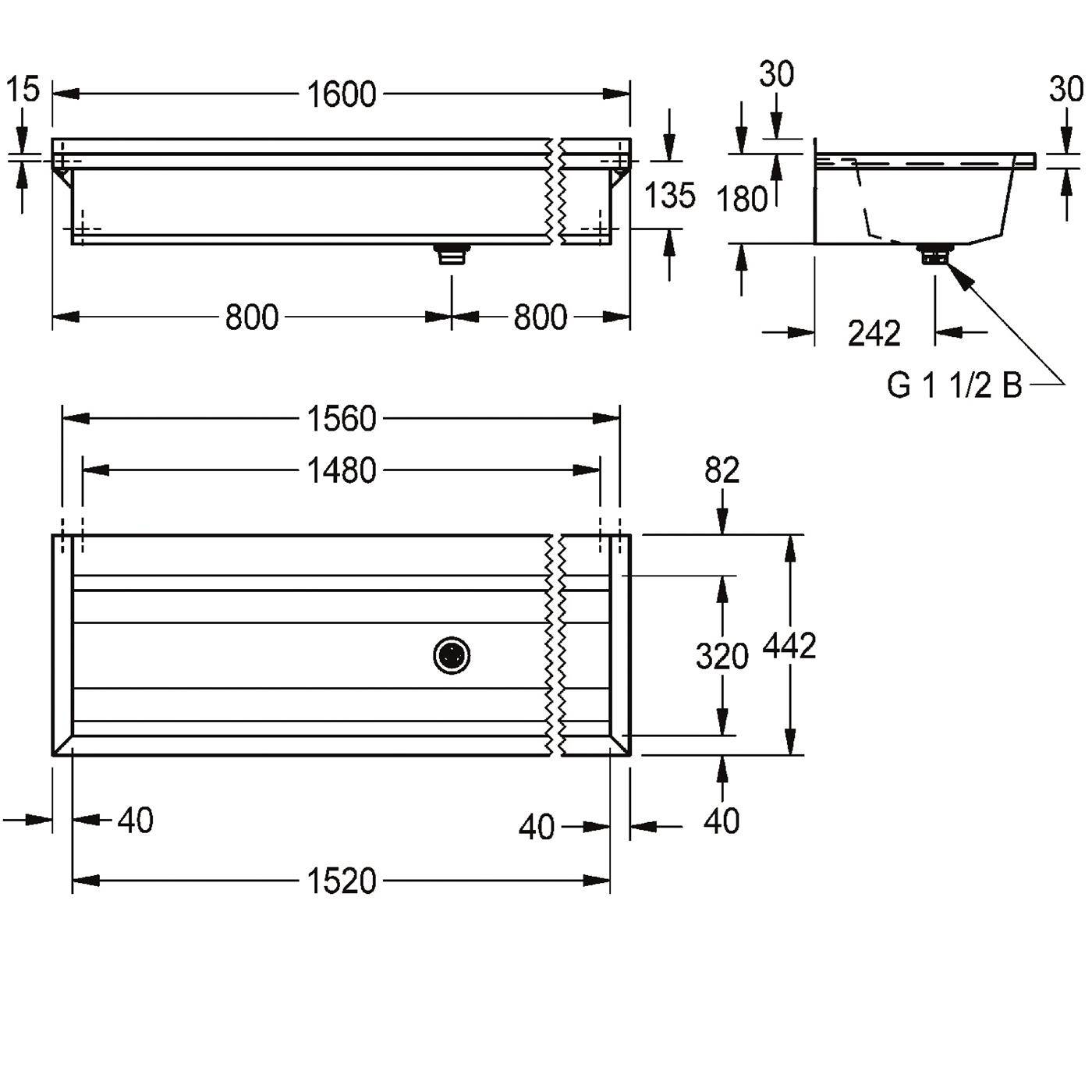 KWC Waschrinne, PLANOX, Edelstahl, W.-mont, 1600x210x442 mm, m. Arm-bank