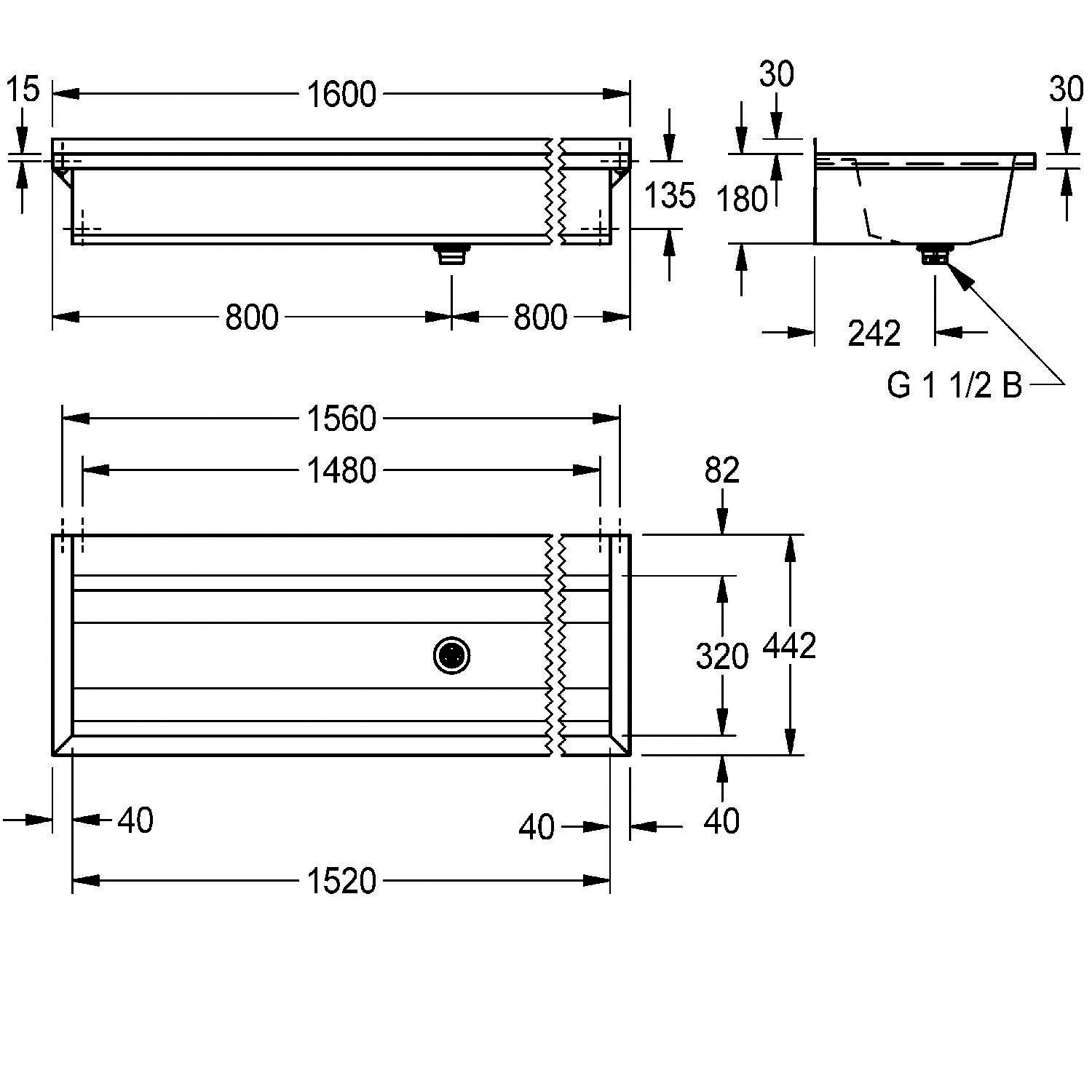 Technische Zeichnung eines Waschbeckens mit Abmessungen: Länge 1600 mm, Breite 480 mm und Höhe 180 mm. Ablaufanschluss gekennzeichnet als G 1 1/2 B.