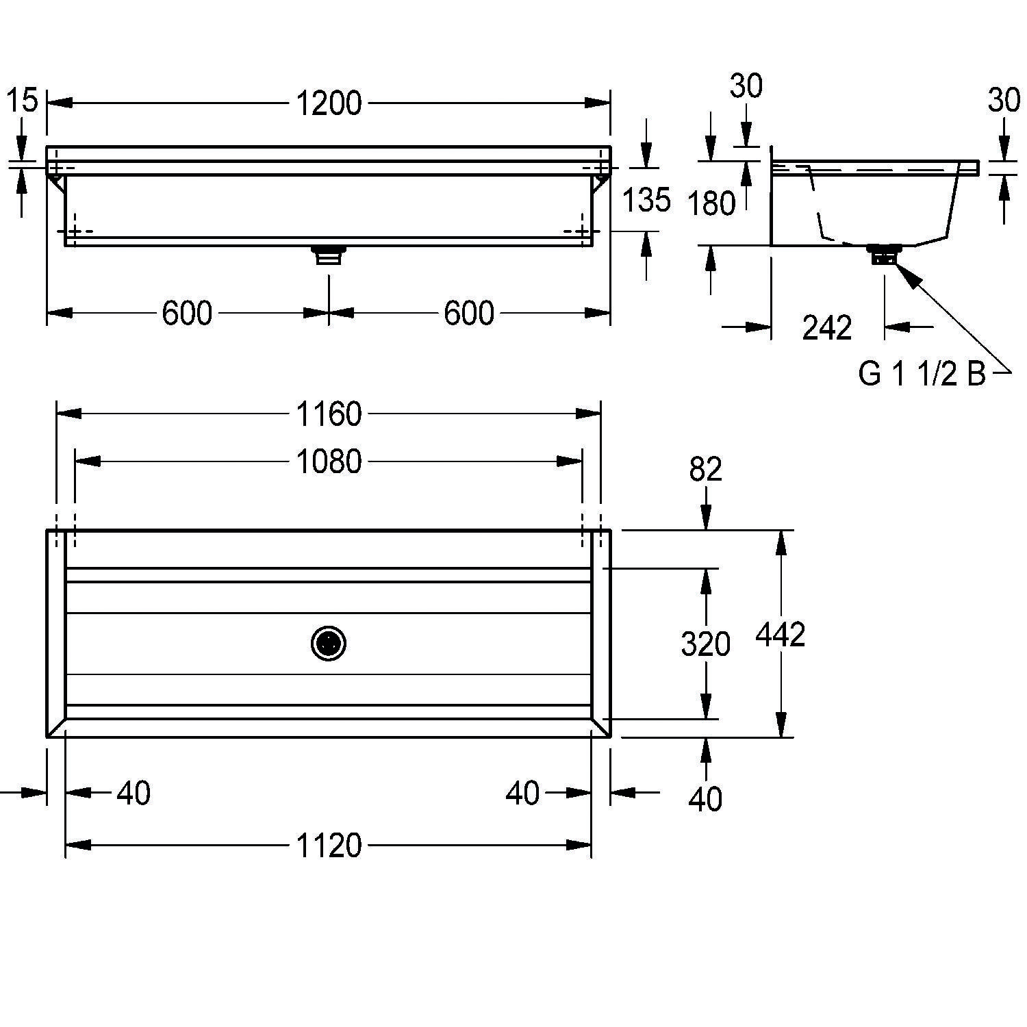 Technische Zeichnung eines Waschbeckens mit Abmessungen in Millimetern. Enthält Vorder- und Seitenansichten und zeigt Größenangaben für die Installation.