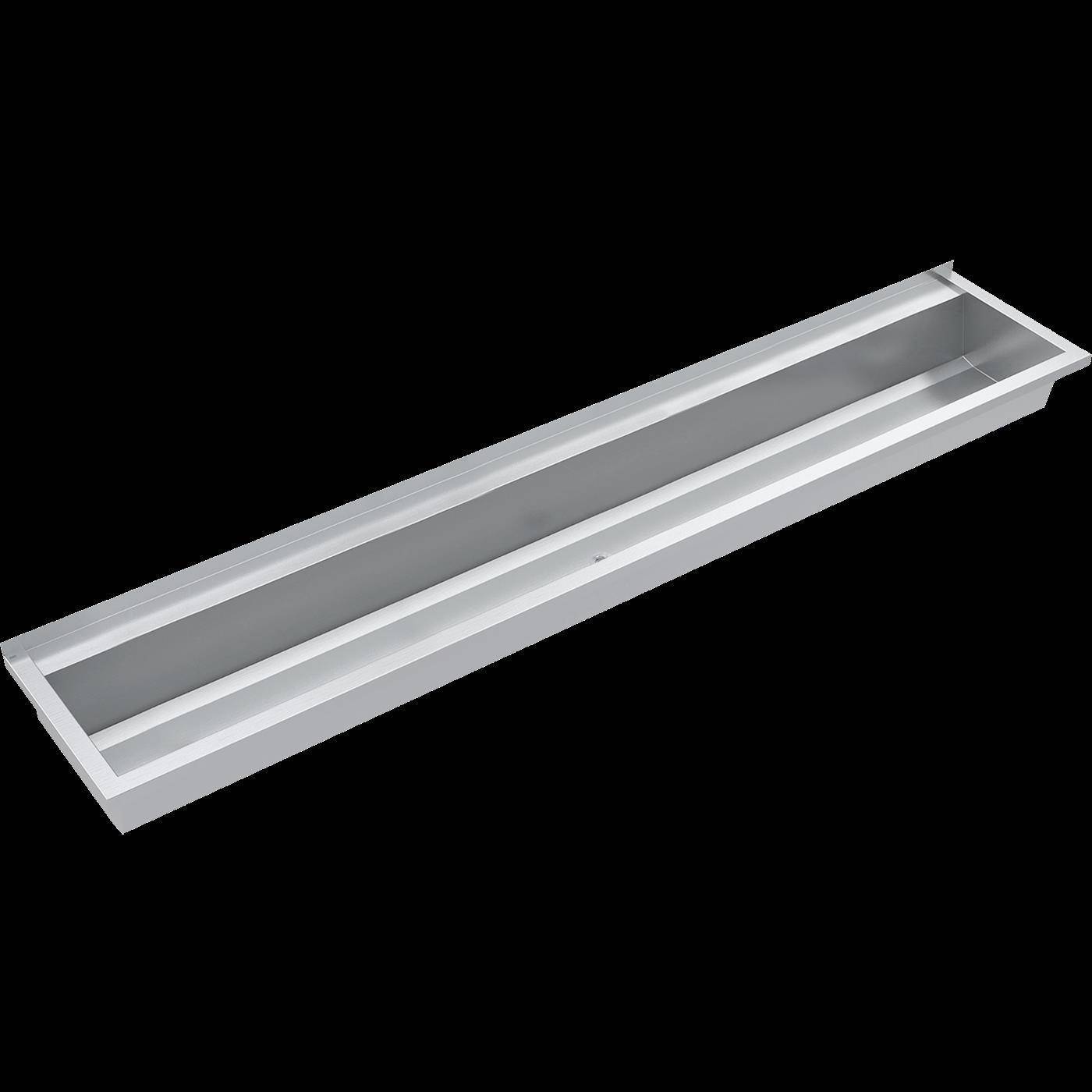 Langes weißes rechteckiges Metallbecken oder Trog, diagonal auf schwarzem Hintergrund dargestellt.