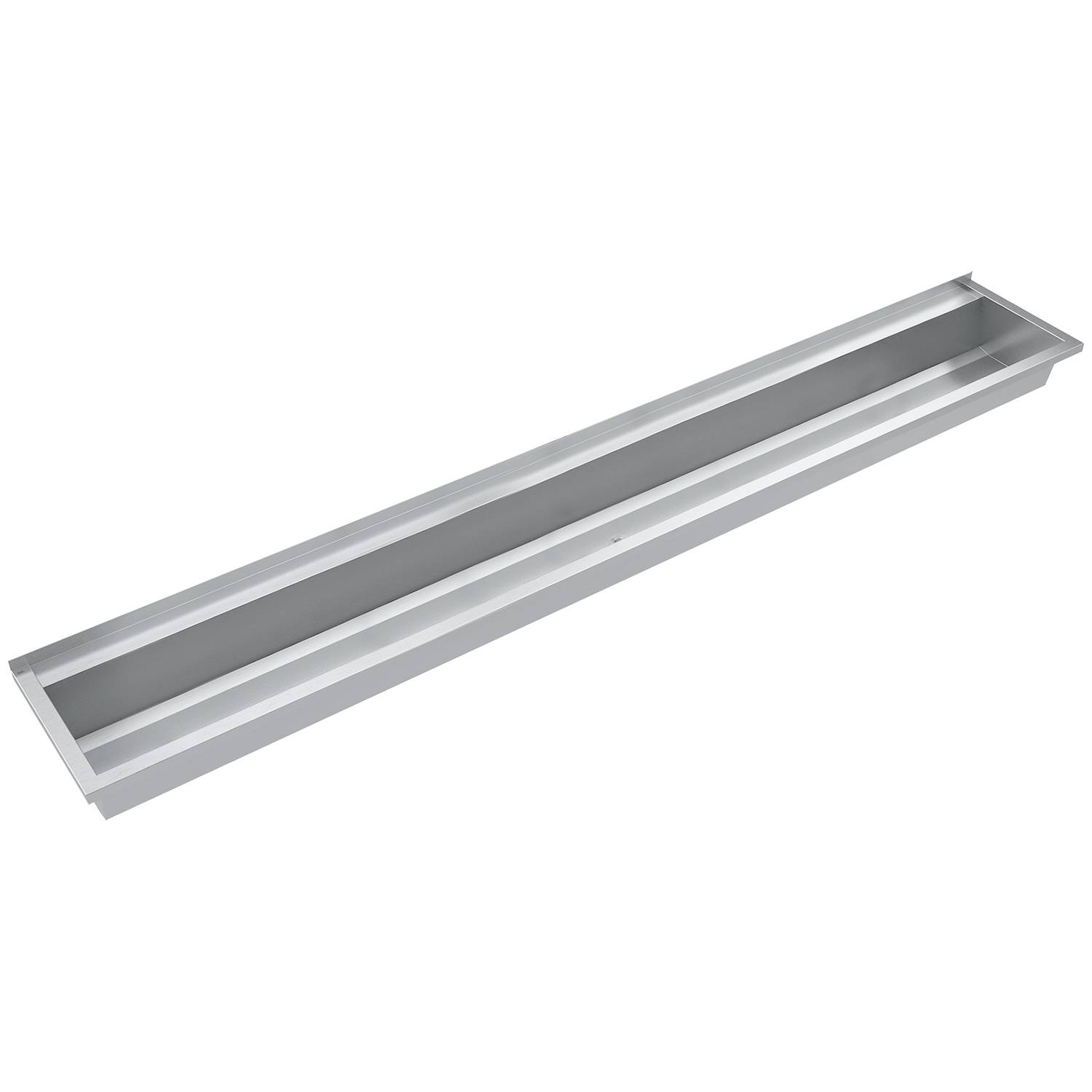 Ein langer, rechteckiger Metalltablett mit erhöhten Kanten, wahrscheinlich zum Halten oder Organisieren von Gegenständen verwendet. Der Tablett ist silbern und vor einem schwarzen Hintergrund platziert.
