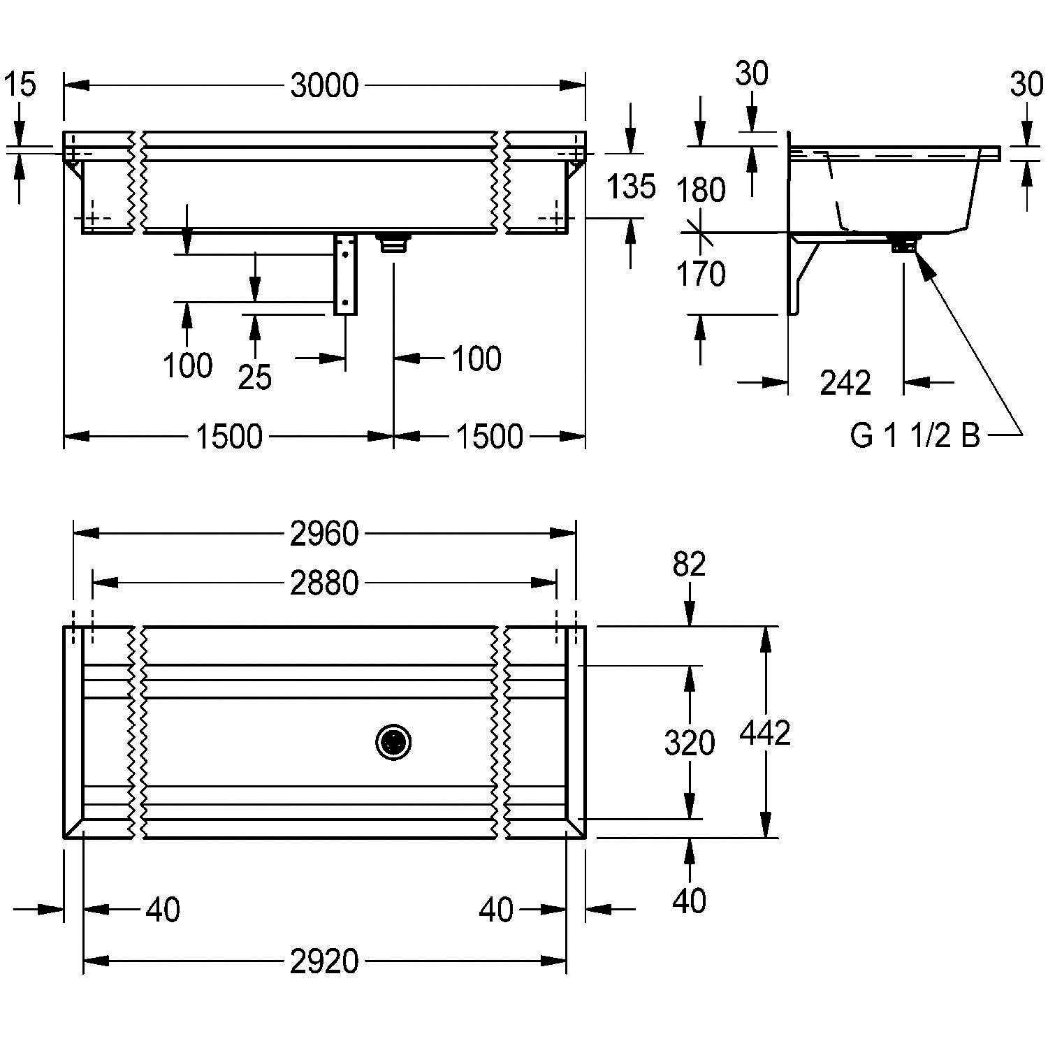 Technische Zeichnung eines Waschbeckens mit Abmessungen: 3000 mm Breite, 600 mm Tiefe und 442 mm Höhe. Gaseinlass mit G 1 1/2 am Fuß gekennzeichnet.