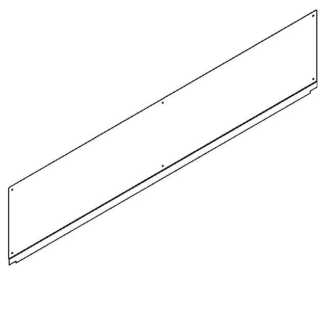 Einfache Strichzeichnung eines langen rechteckigen Panels, das in Perspektive dargestellt ist, mit kleinen Ecken- und Kantenmarkierungen, die Befestigungs- oder Ausrichtungspunkte anzeigen.
