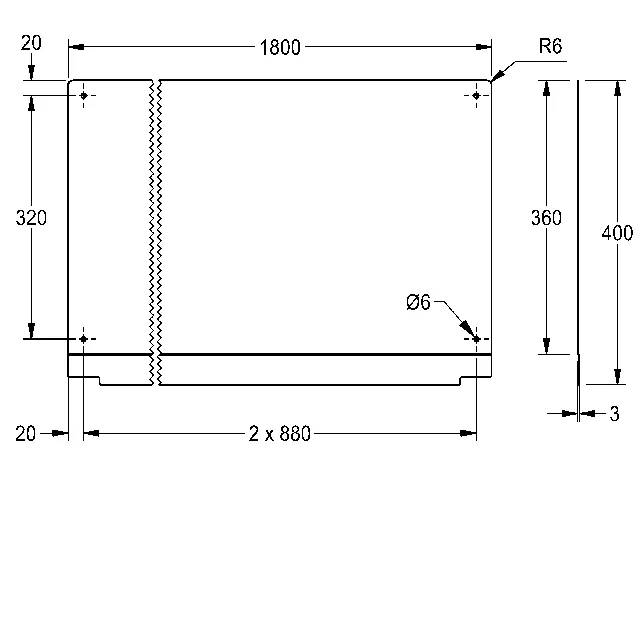 Technische Zeichnung eines rechteckigen Panels, 1800 mm breit und 400 mm hoch, mit R6 oben Ecken, einer vertikalen Naht in der Nähe der linken Seite und Ø6 Loch-Beschriftungen.