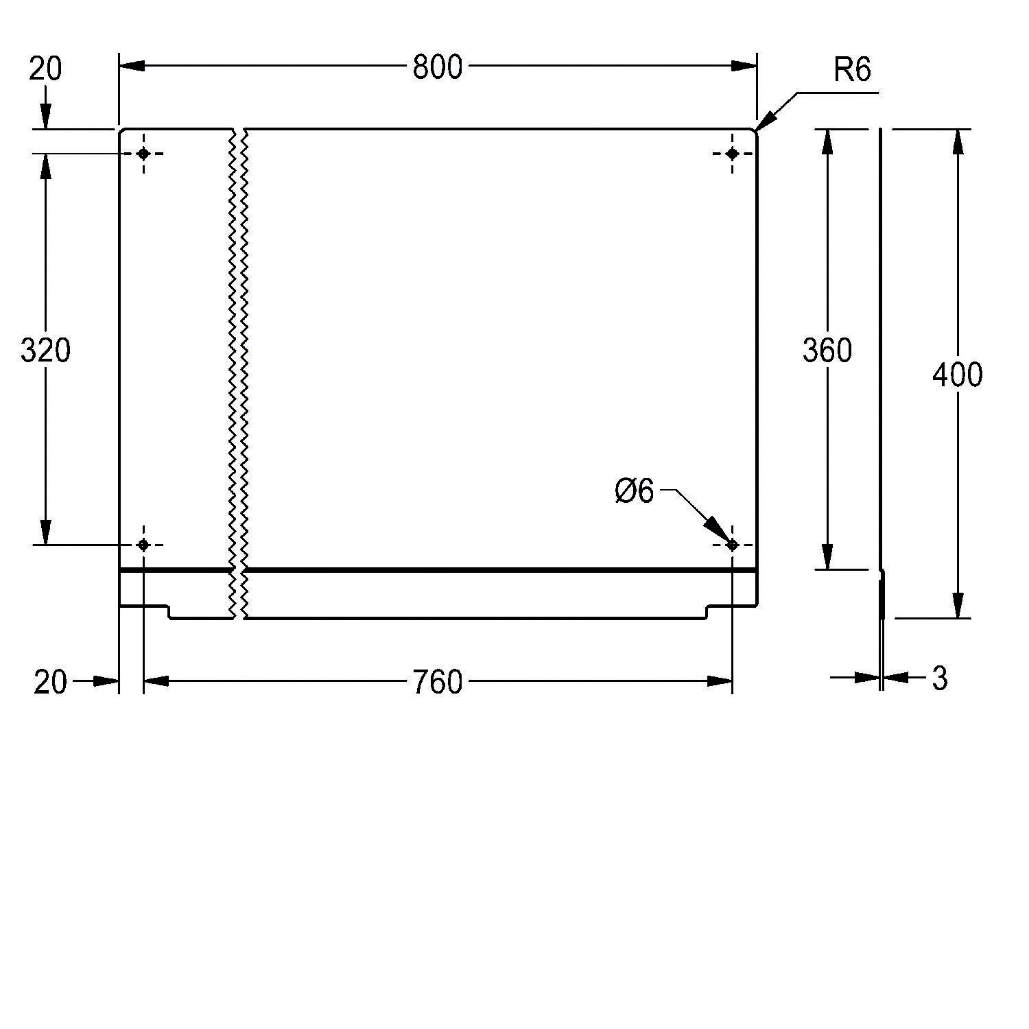 Technische Zeichnung eines rechteckigen Behälters. Abmessungen: 800 mm breit, 320 mm hoch, mit 760 mm Grundfläche. Enthält ein Loch mit 6 mm Durchmesser.