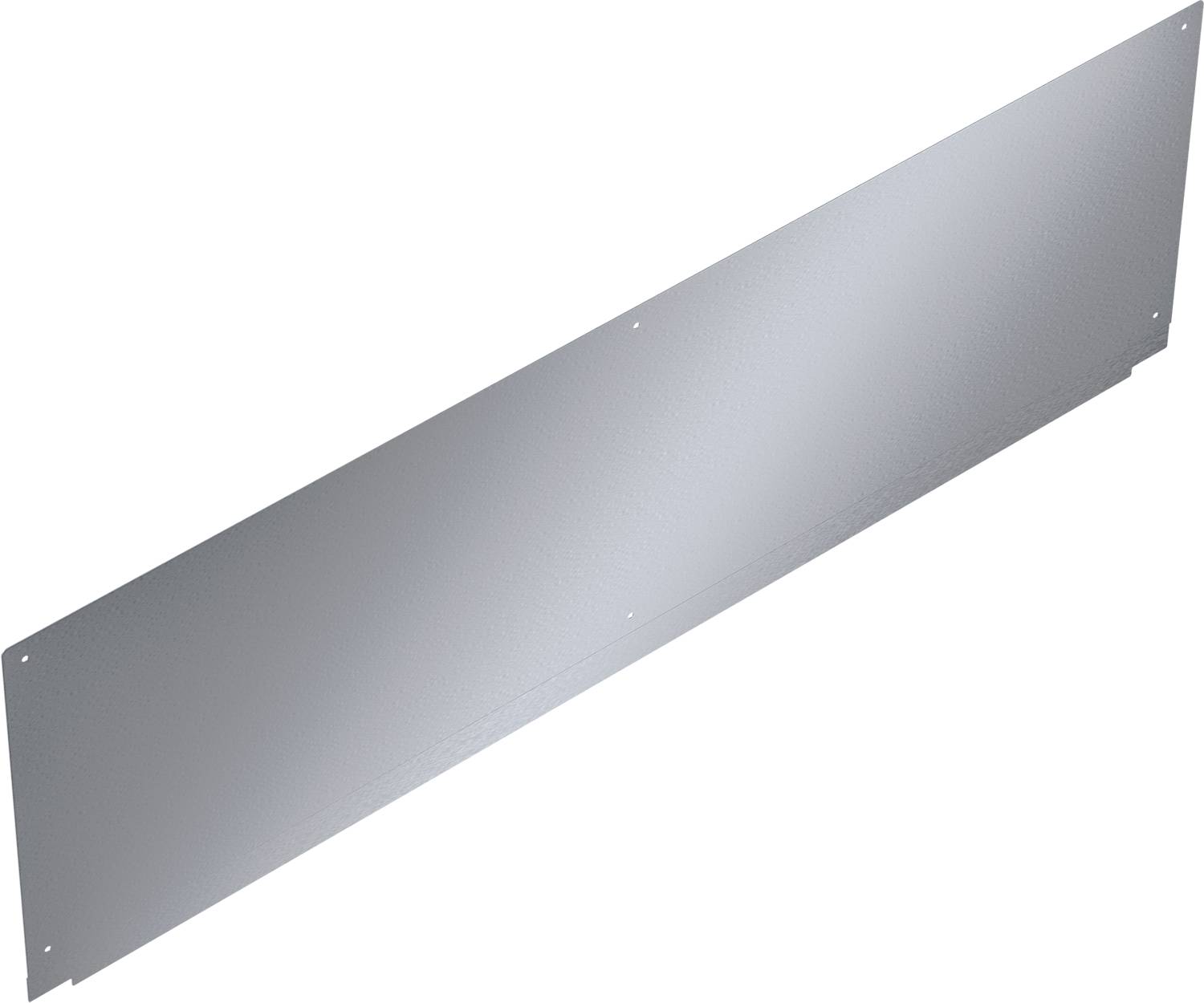 Eine lange, flache Metallplatte mit glatter Oberfläche, die vor einem schwarzen Hintergrund steht. Die Platte hat zwei kleine Löcher nahe ihrem Zentrum.