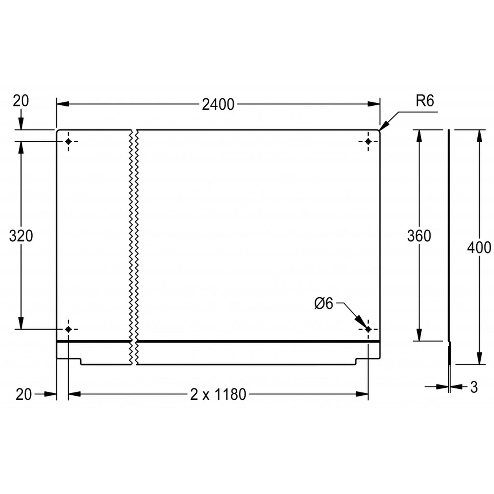 Technische Zeichnung eines rechteckigen Panels mit den Abmessungen 2400 x 400, Beschriftungen 360 und 320 mm, R6-Ecken, Ø6-Loch und einer zentralen Naht.