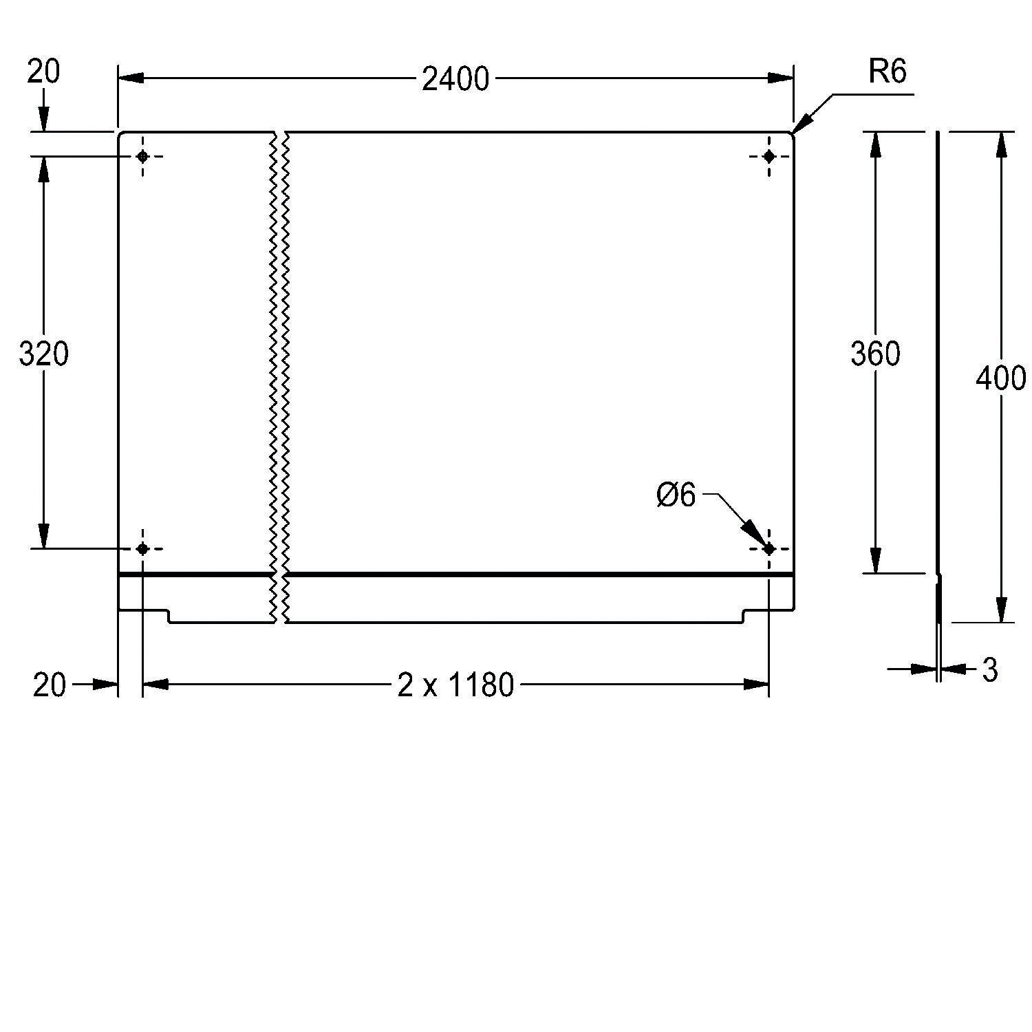 Technische Zeichnung eines rechteckigen Objekts mit Abmessungen: 2400 mm Breite, 400 mm Höhe. Enthält spezifische Maße wie 320 mm, 360 mm und 1180 mm, mit einem Radius von 6 mm.