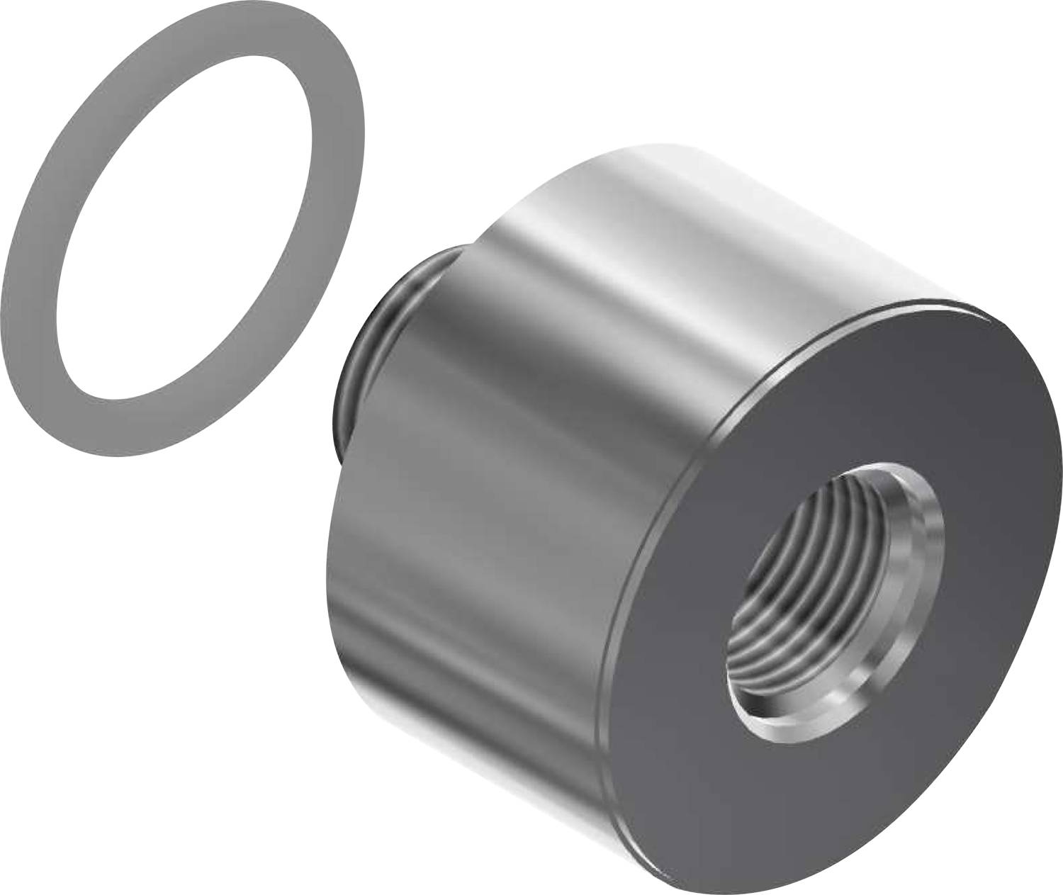 Eine metallische zylindrische Kupplung und ein separater kreisförmiger Dichtungsring, beide aus Silber, die in der Sanitär- oder Maschinenbautechnik verwendet werden.