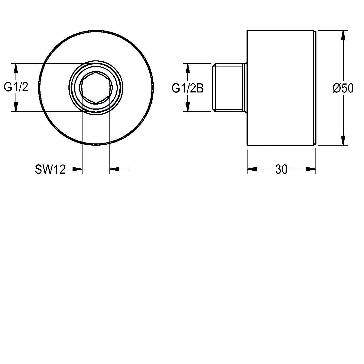 Technische Zeichnung einer zylindrischen Rohrverschraubung mit Abmessungen: Durchmesser 50 mm, Länge 30 mm, G1/2- und G1/2B-Gewinde, SW12-Größe.