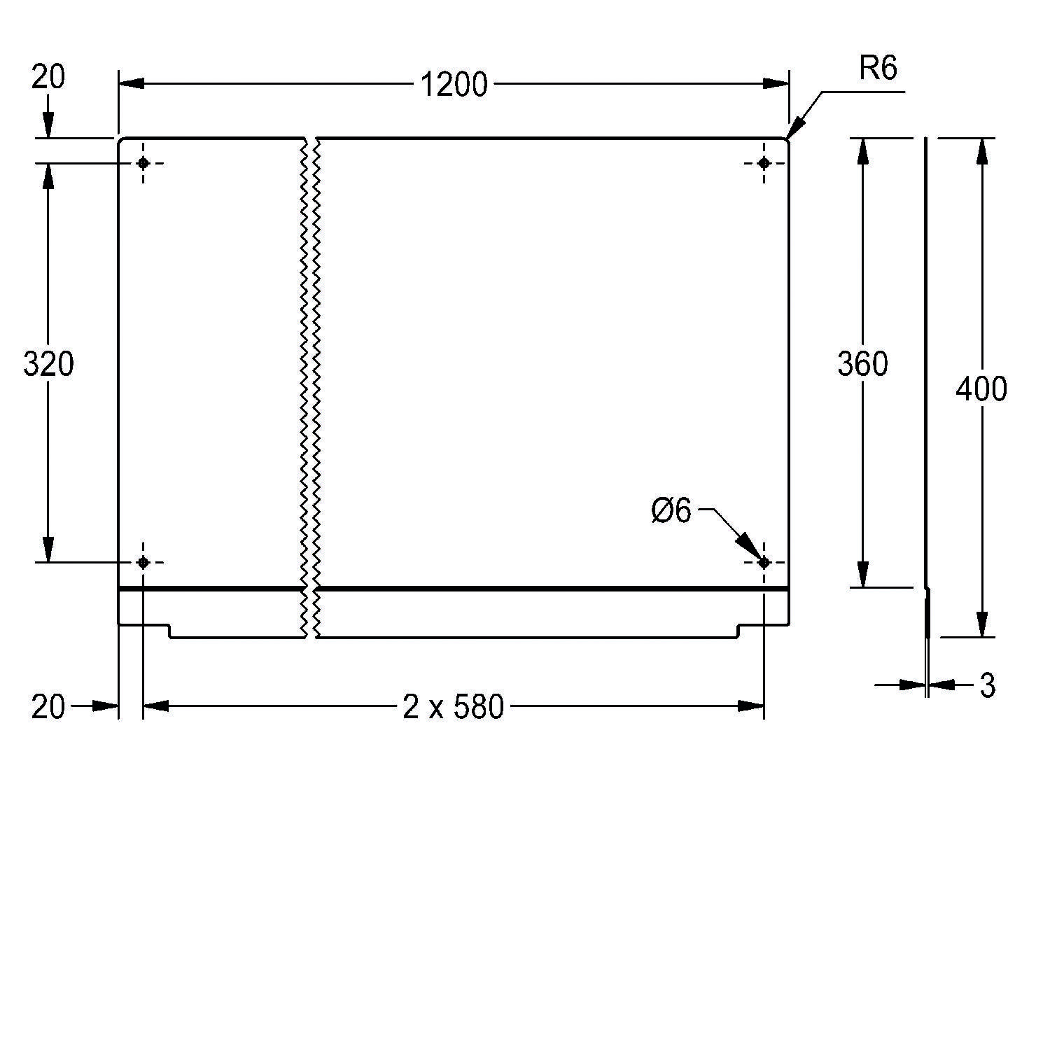Technische Zeichnung eines zylindrischen Objekts mit Dimensionen. Breite: 1200, Höhe: 320, Basis: 20, Ø6 Bohrung. Tiefe: 360, Gesamthöhe: 400.