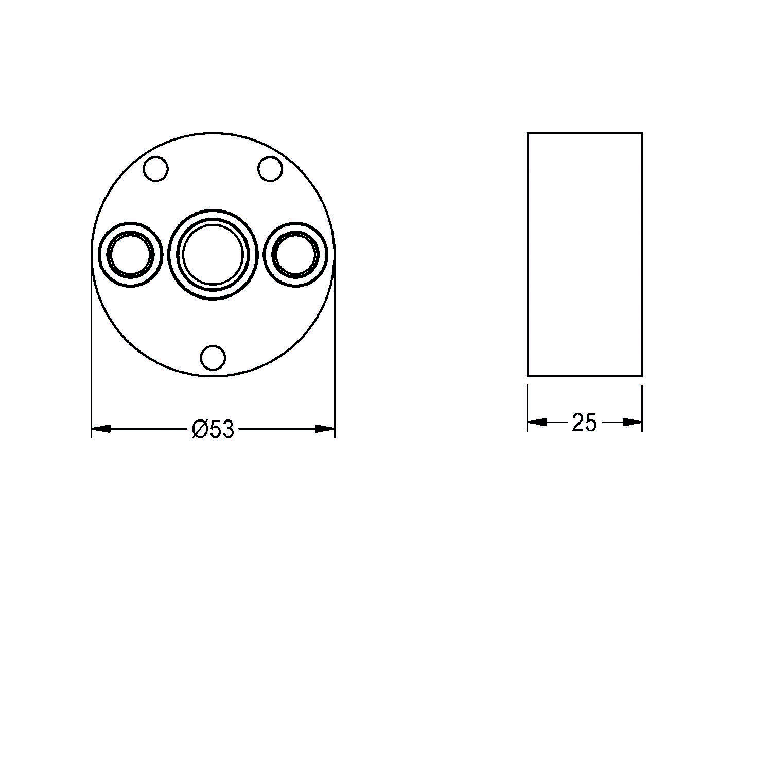 Technische Zeichnung einer Kreisflansch mit einem Durchmesser von 53 mm und einer Seitendicke von 25 mm.