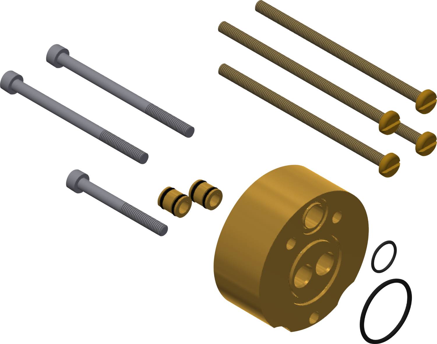 Schrauben und ein goldener zylindrischer Teil mit Löchern, möglicherweise zur Montage oder für mechanische Zwecke, sind in einem schwarzen Raum angeordnet.
