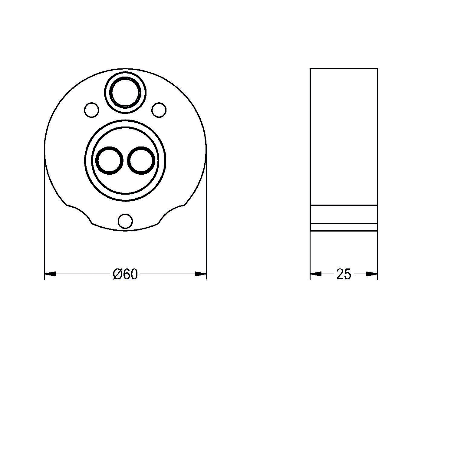 Technische Zeichnung eines zylindrischen Objekts mit Vorder- und Seitenansicht. Vorderansicht mit zwei inneren Kreisen; Abmessungen: 60 mm Durchmesser, 25 mm Höhe.