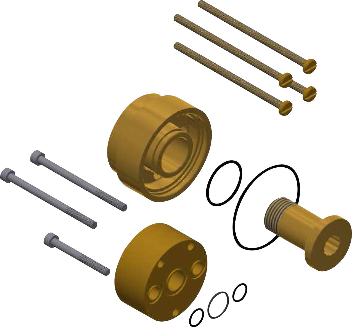 Explosionszeichnung mechanischer Bauteile, einschließlich Schrauben, einer kreisförmigen Komponente und Dichtungen, die Montagestruktur und Design veranschaulicht.