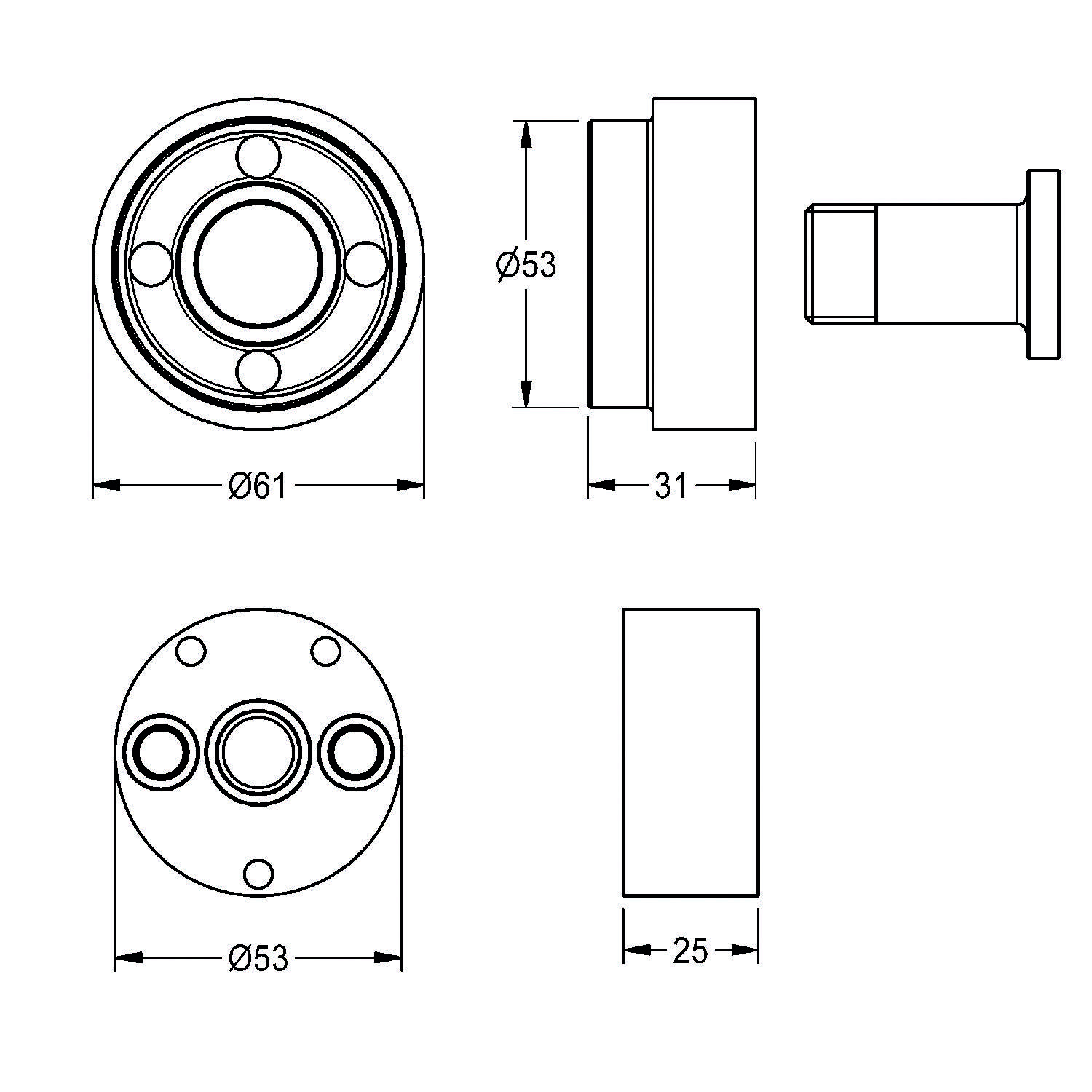 Technische Zeichnung einer zylindrischen Komponente mit Maßen: 61 mm Durchmesser, 31 mm Länge; innerer Abschnitt mit 53 mm Durchmesser, Tiefe 25 mm.