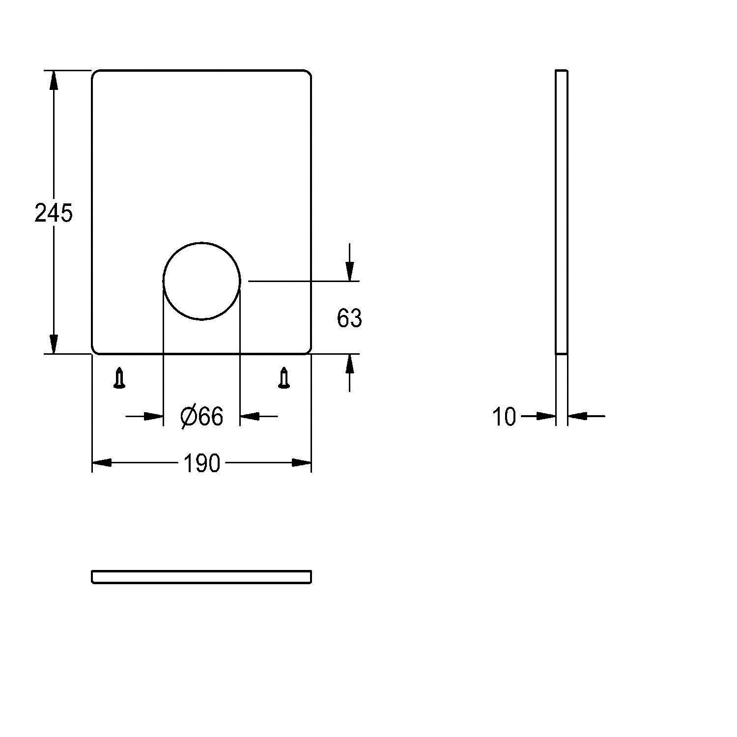Technische Zeichnung einer rechteckigen Platte mit einem zentralen kreisrunden Loch. Abmessungen: 245 mm Höhe, 190 mm Breite, Lochdurchmesser 66 mm. Seitenansicht zeigt eine Dicke von 10 mm.