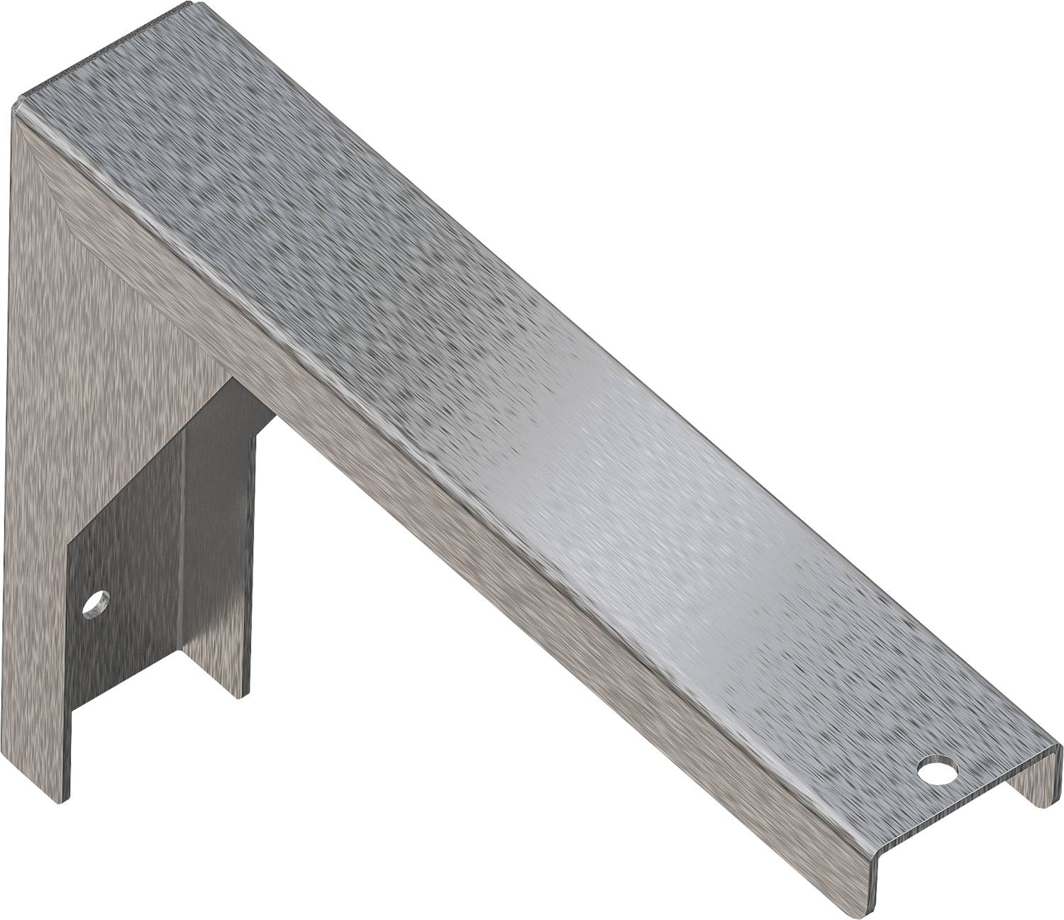 Eine Metallhalterung mit gebürsteter Oberfläche, die einen rechten Winkel und mehrere gebohrte Löcher aufweist und üblicherweise für strukturelle Unterstützung verwendet wird.