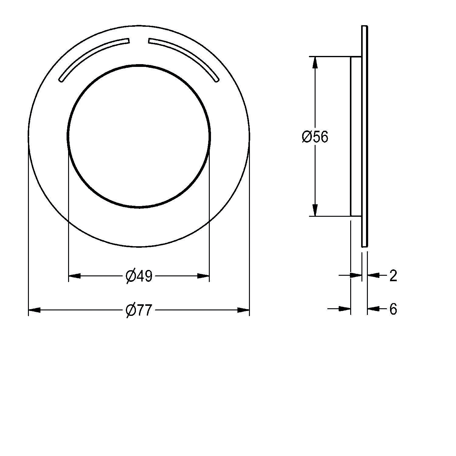 Technische Zeichnung eines kreisförmigen Objekts mit Abmessungen: 77 mm und 49 mm Außendurchmesser, 56 mm Innendurchmesser, 2 mm und 6 mm Seitenbreiten.