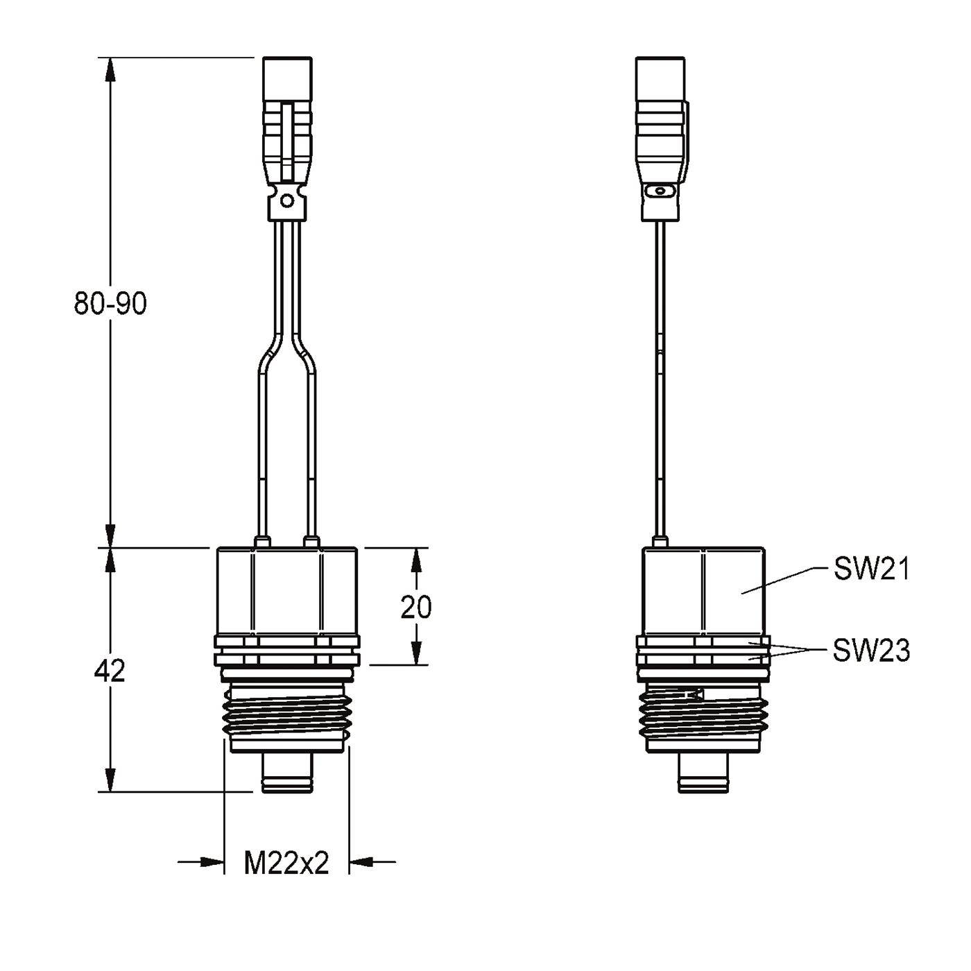 Technische Maßzeichnung eines Sensor-Steckverbinders mit Gewinde, zeigend Seiten- und Vorderansicht mit Abmessungen 80–90, 42, 20, M22x2, und Schraubenschlüsselgrößen SW21 und SW23.
