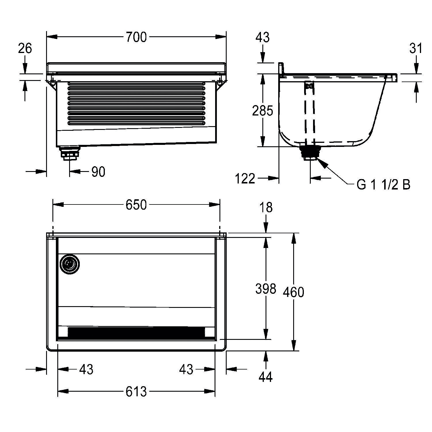 „Eine technische Zeichnung, die drei Ansichten eines Warmwasserboilers zeigt: Draufsicht, Seitenansicht und Frontansicht mit Maßangaben in Millimetern.