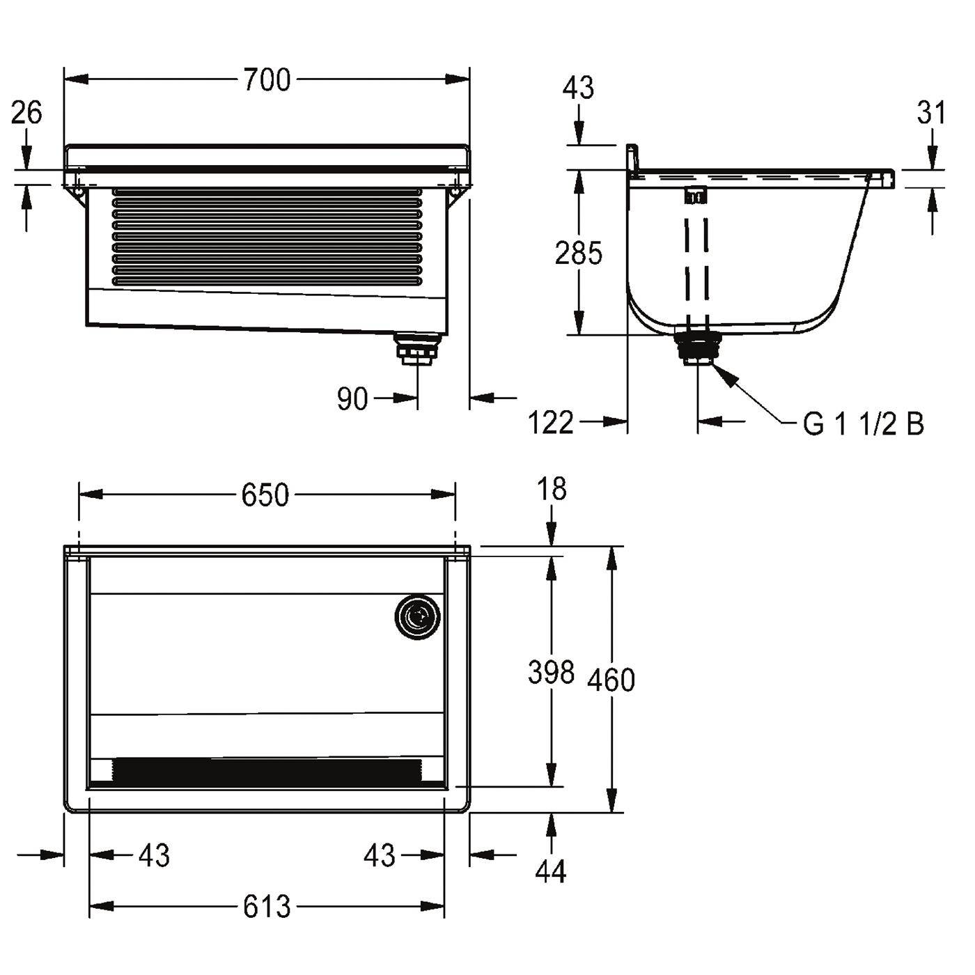 Bemaßte technische Zeichnung eines rechteckigen Spülbeckens mit Seiten- und Vorderansicht, beschriftet mit 700 mm Breite, 460 mm Höhe und G 1 1/2 B Ablaufanschluss.