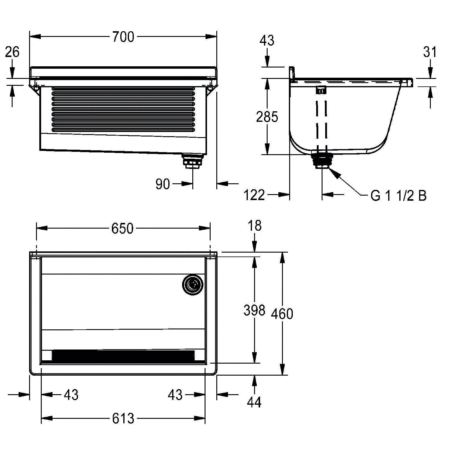 Technische Zeichnung mit Abmessungen für ein rechteckiges Haushaltsgerät mit Oberseiten-Lüftung; Breite 700 mm, Höhe 460 mm, Tiefe 285 mm; enthält Befestigungsdetails.