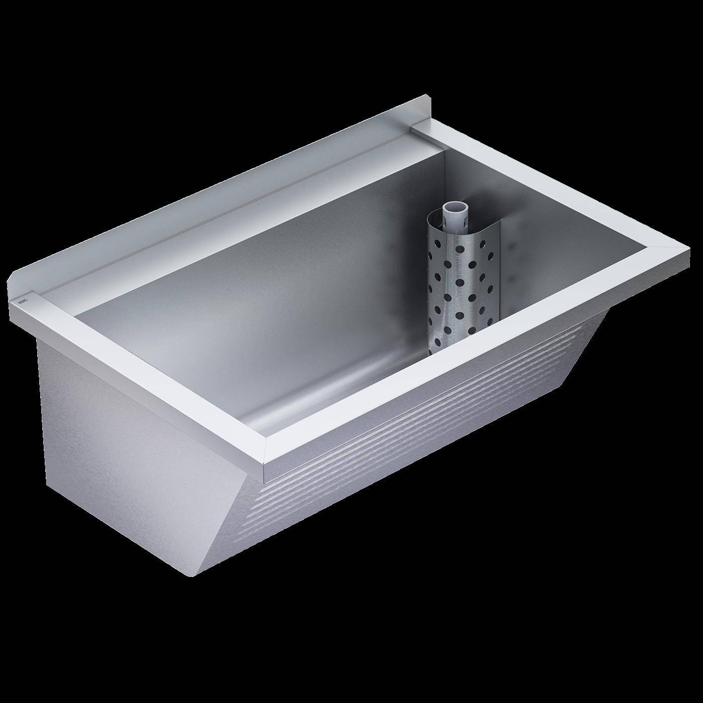 Silbernes Metallwaschbecken mit integrierter Öffnung für das Ablasssieb, vor schwarzem Hintergrund isoliert dargestellt.